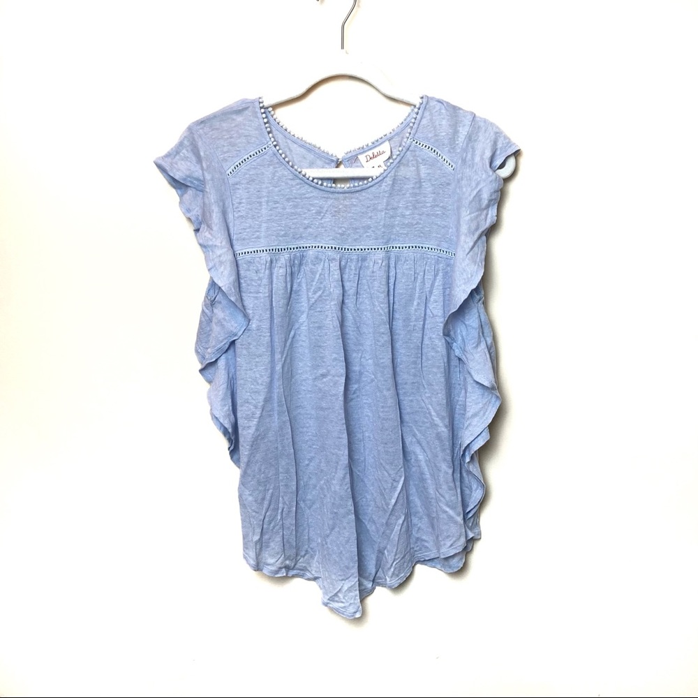 Anthropologie Deletta Linen Blue Ruffle Top XS